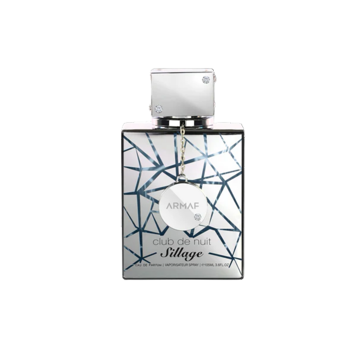 Armaf Club de Nuit Sillage Eau de Parfum, frasco plateado sobre fondo blanco